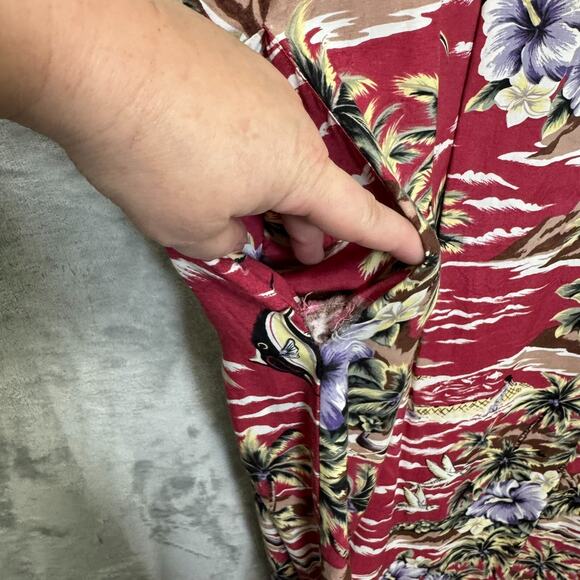Hilo Hattie Dress Womens Large Red Fujiette Print Tropical Midi Pleated Pockets - Picture 5 of 8